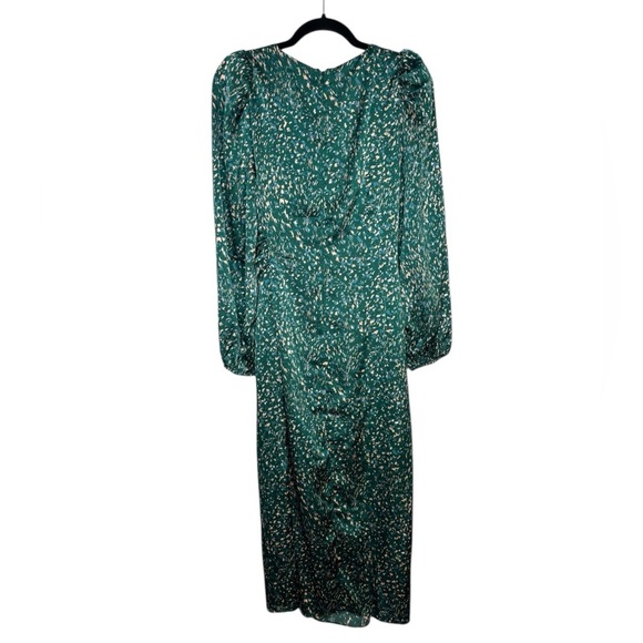 FLORET STUDIOS Elegant Long Sleeve Satin Faux Wrap Midi Dress Size Medium Green - Picture 9 of 16